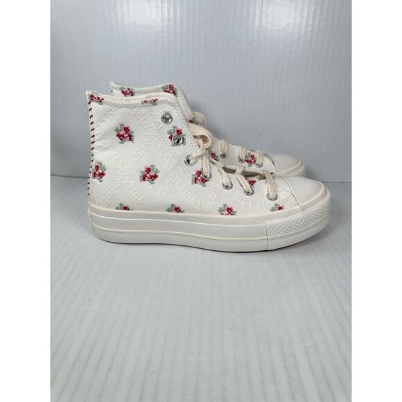 Sz 7.5W Converse Chuck Taylor All Star Hi Lift Floral Embroidery White Platform - Picture 2 of 9